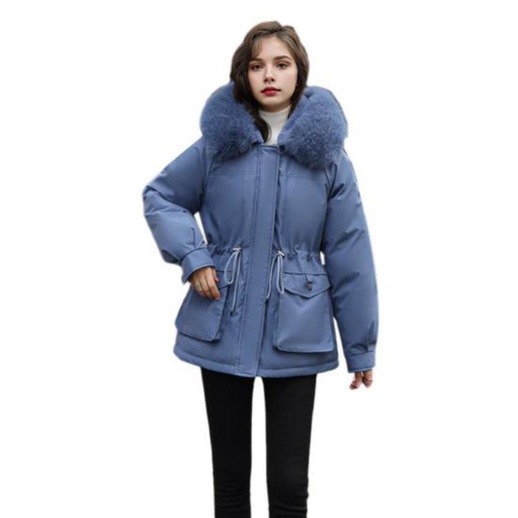 Winter Women Coat Cotton Jacket Furry Hood Thickened Plush Mid Length Long Sleeves Elastic Waist Zipper Closure Pockets