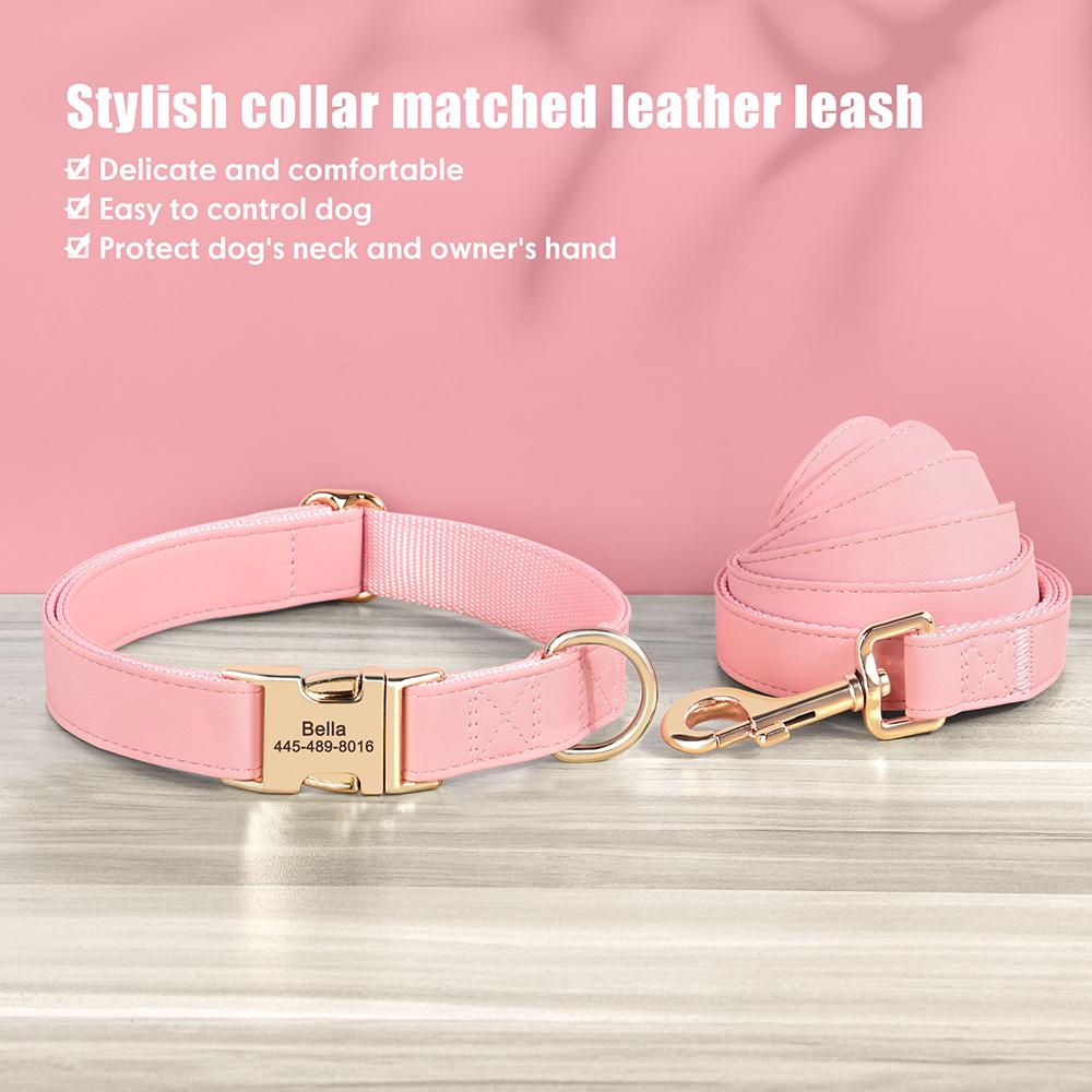 Custom Dog Collar Leash Set PU Leather Dog Collars Engraved Pet ID Necklace With Lead Rope Durable for Small Medium Large Dogs