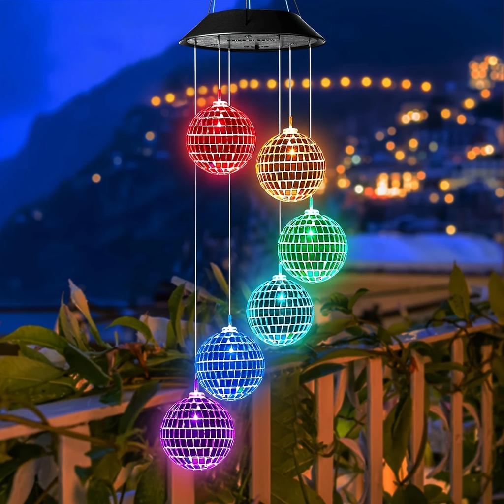 1pc Morocco Ball/Mirror Ball Solar Wind Chime Light Outdoor Garden Waterproof 6LED Hanging Lamp For Home Terrace Courtyard Decor