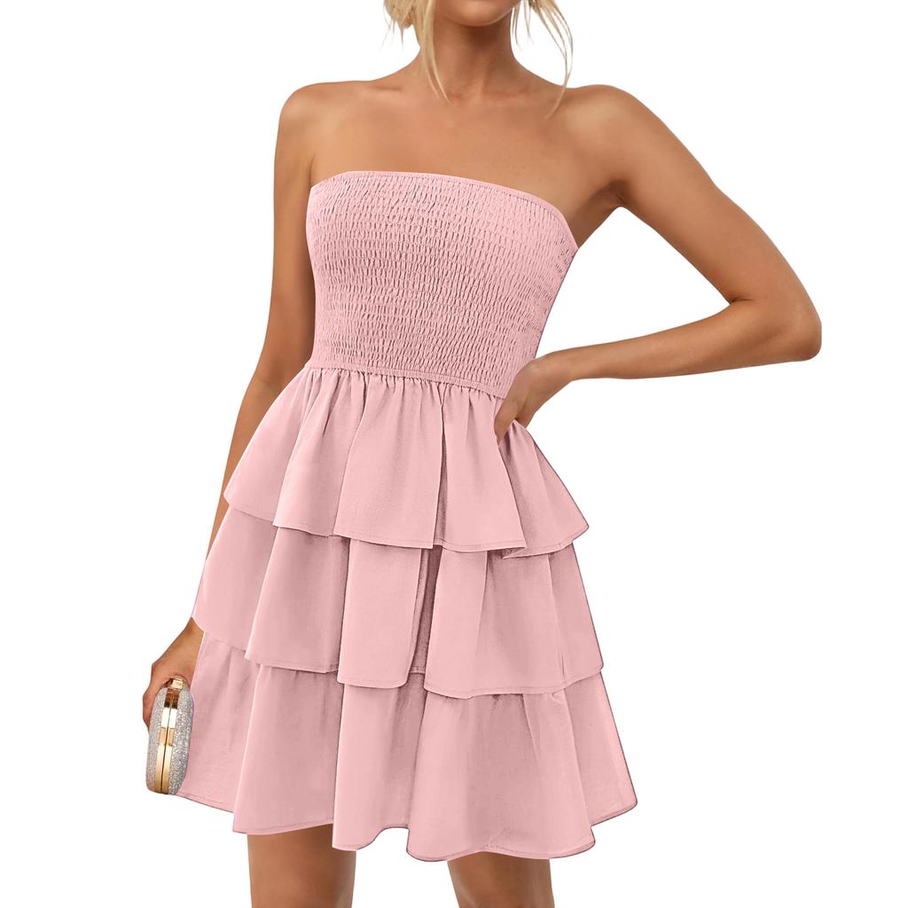 Damen Farb Sommer Trägerlos Schulterfrei Freizeitkleid