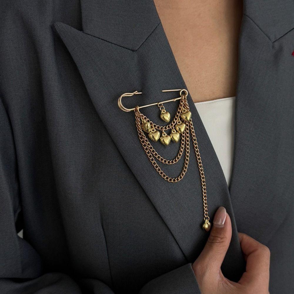 Iron Heart Brooch Pin Heart Shape Pendant Multi-Function Pin Fashion Chain Tassel Badge Daily