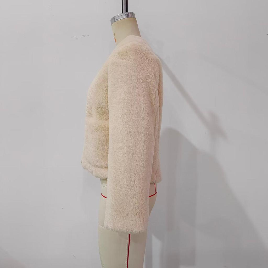 European & American Fashion Women's Fleece Jacket 2025 - Winter/Spring, Casual, Wide Pocket, Buckle Decor, X924003