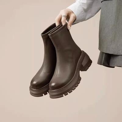 Height-increasing Platform Short Boots Women's 2025 New Rear Zipper Thick Heel Super Thin Boots Elastic Boots British Martin Boots