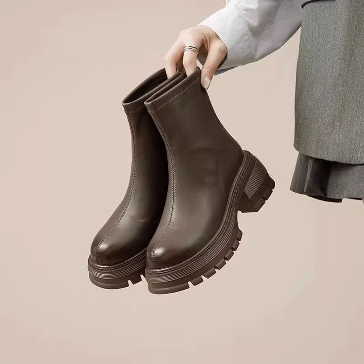 

Женские короткие ботинки на платформе, увеличивающей рост, 2025 новинка, с задней молнией, на толстом каблуке, супертонкие ботинки, эластичные ботинки, британские ботинки Мартин 40