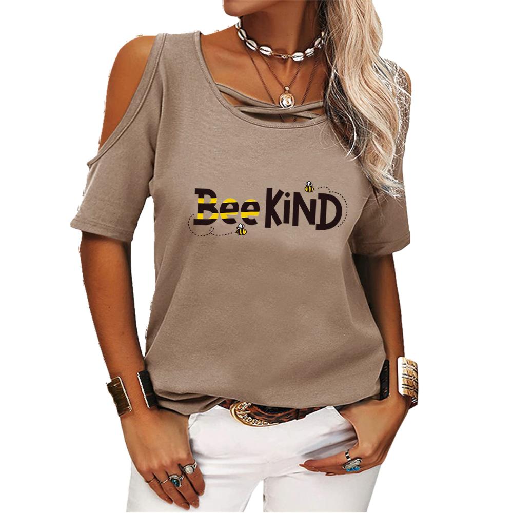 Women Fashion Print Tee Shirt Summer Off Shoulder Short Sleeve Top Ladies Casual Round Neck T-shirt