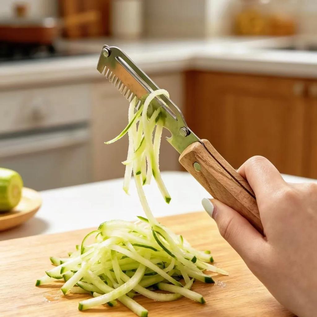 Kitchen Culinary Gadget 2-in-1 Stainless Steel Peeler Ergonomic Wood Handle for Fruit Potato Vegetable Trimming