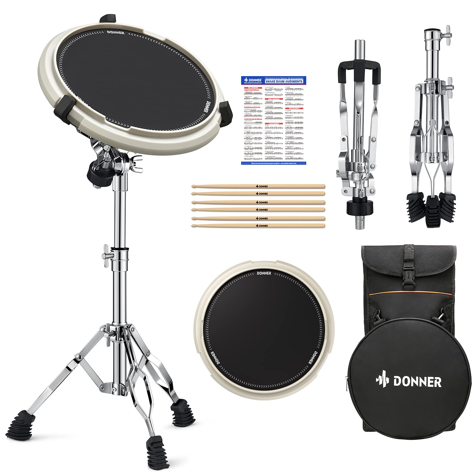 Donner Drum Practice Pad Training Drum Set Snare Drum Stand Kit Silent Stand Drumsticks x3 Pairs Storage Bag Included Portable Student Adult Beginner белый