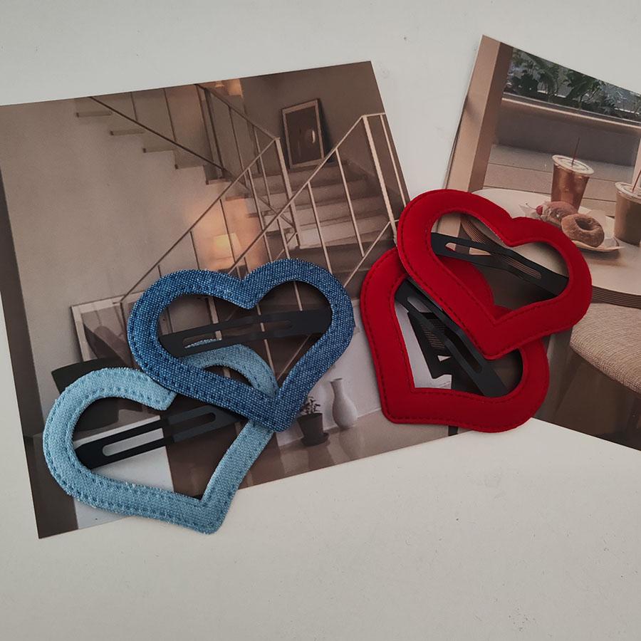 2pc Fashion Denim Velvet Red Heart Star BB Hairpin Hair Side Clips for Women Girls Hair Accessories