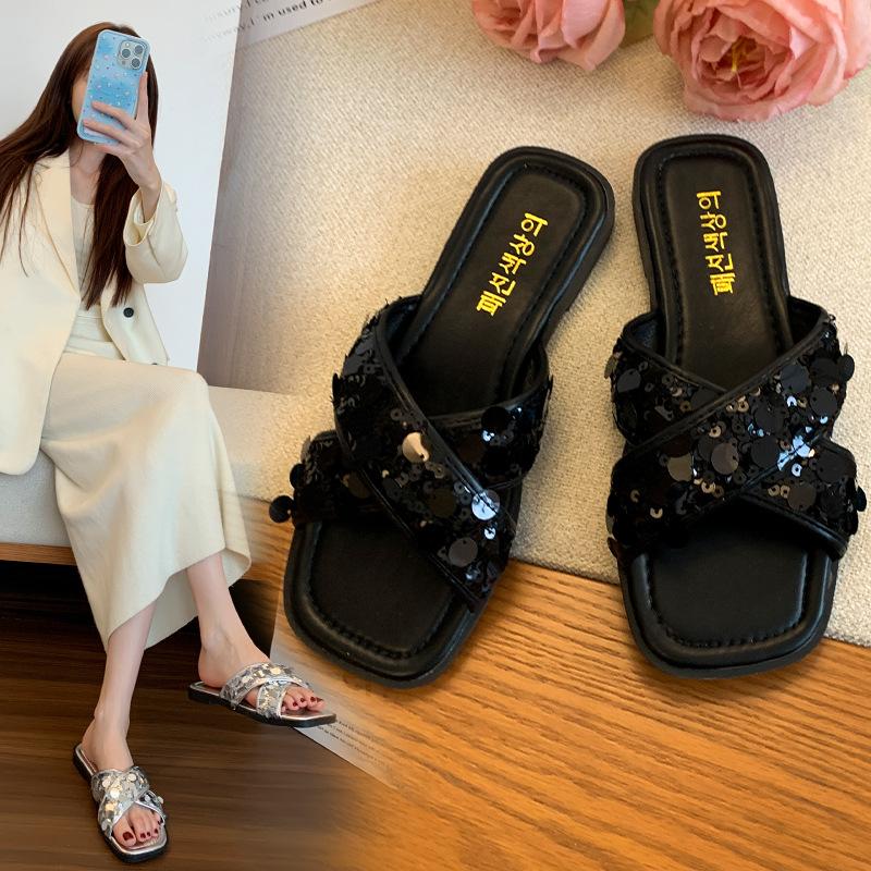 French sequined cross-strapped cool slippers 2025 summer new outer wear flat-bottomed casual high-end one-pedal slippers