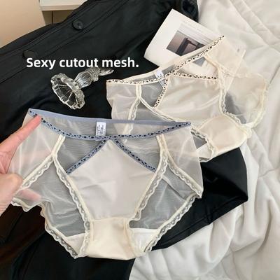 Women's Spring and Summer Lace Leopard Print Hollow Mesh Ice Silk Quick Dry Low Waist High Split Triangle Briefs