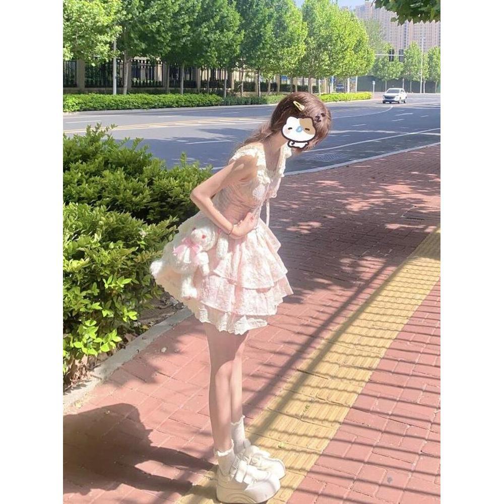 Girls French Floral Dress, Small Flying Sleeves, Princess Cake Dress, Waist Tutu Skirt, Children's Summer First Love, Milk Sweet