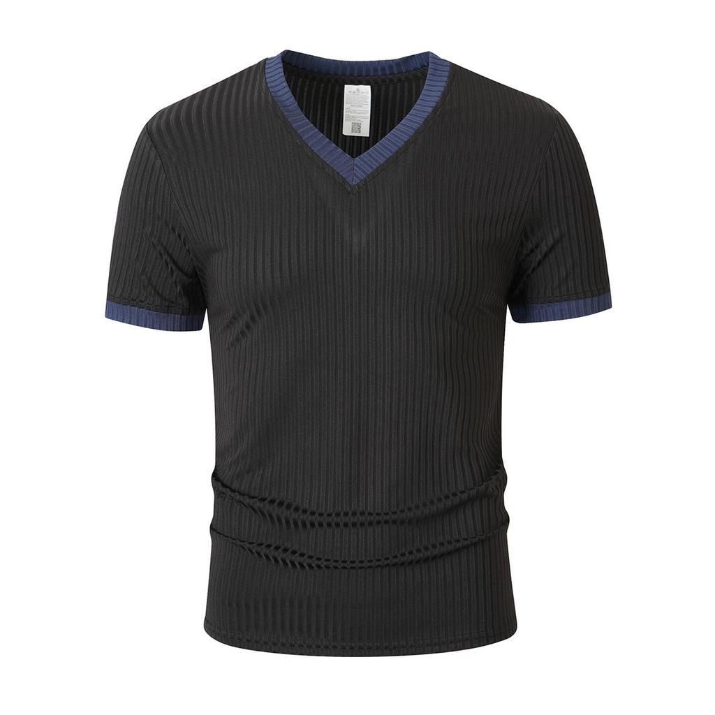 Herren Schlanke Passform V-Ausschnitt Kurzarm Gerippt Gestreift Lässig Sport Fitness T-Shirt