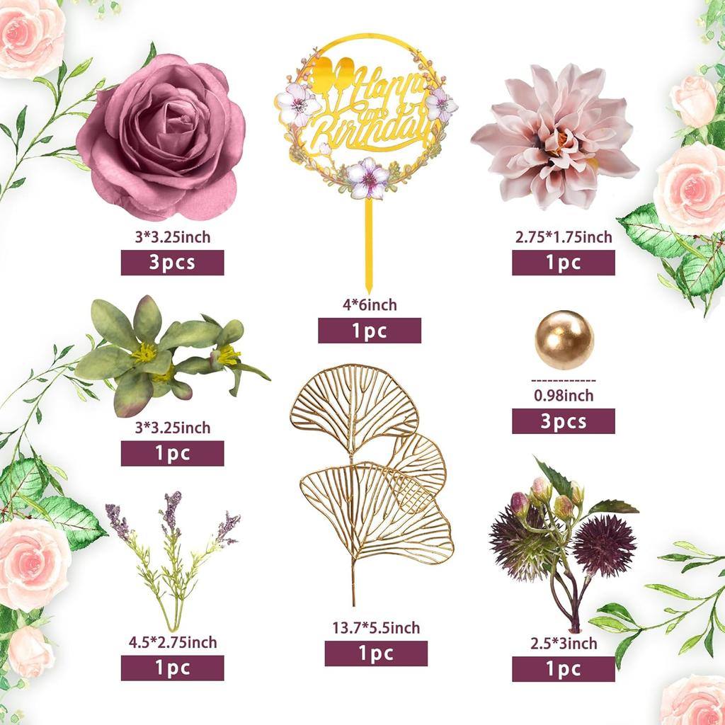 Adornos para Tarta de Flores Adornos para Tarta de Feliz Cumpleaños con Flores Artificiales de Rosa Morada Hojas de Eucalipto para Fiesta de Cumpleaños Boda