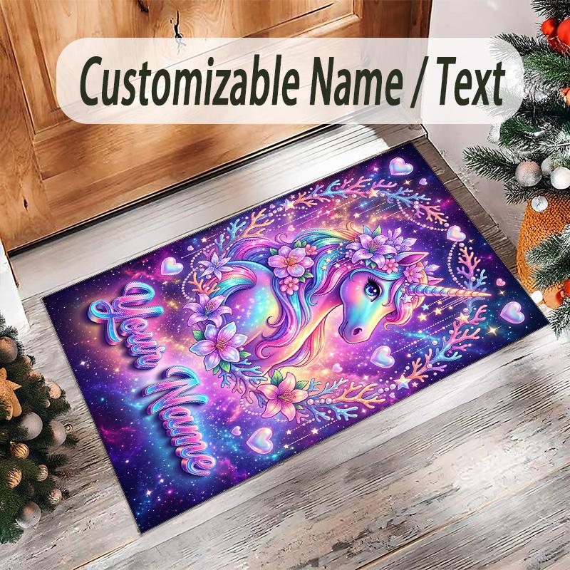 Alfombra de Suelo de Terciopelo de Cristal con Temática de Unicornio, Alfombra Cálida Personalizada con Nombre y Texto, Decoración del Hogar