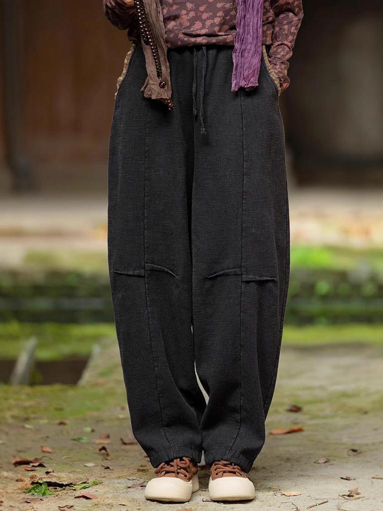Women's Retro Winter Distressed Patchwork Velvet-Lined Linen Lantern Pants
