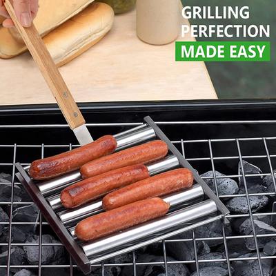 Grillwurst-Grillrost, Hotdog-Rollrost aus Edelstahl mit Griff, BBQ-Hotdog-Grillpfanne, antihaftbeschichtetes Grillwerkzeug