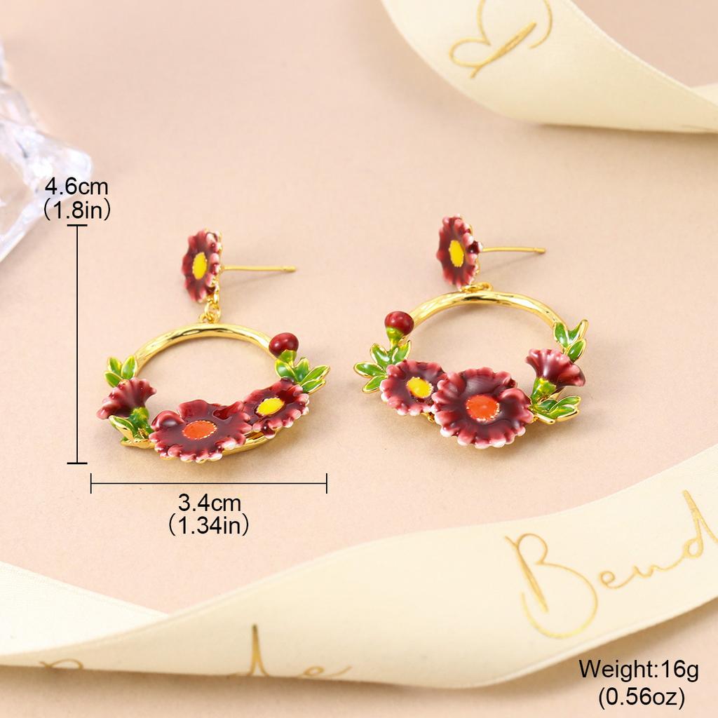 Fashion Enamel Colored Wreath Exquisite Flower Earrings Dripping Oil Color Sweet Spring and Summer Butterfly Temperament Silver Needle Earrings