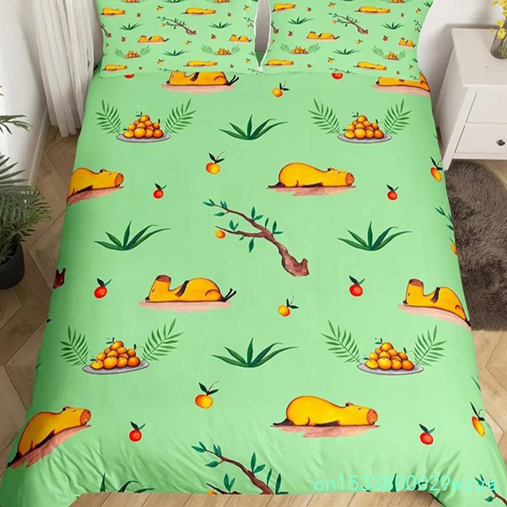Niedliche Capybara-Druck Bettwäschesets Full Kawaii Honigbiene Bettbezug, Cartoon-Tiere Bettset Roter Liebesherz-Druck Bettbezug