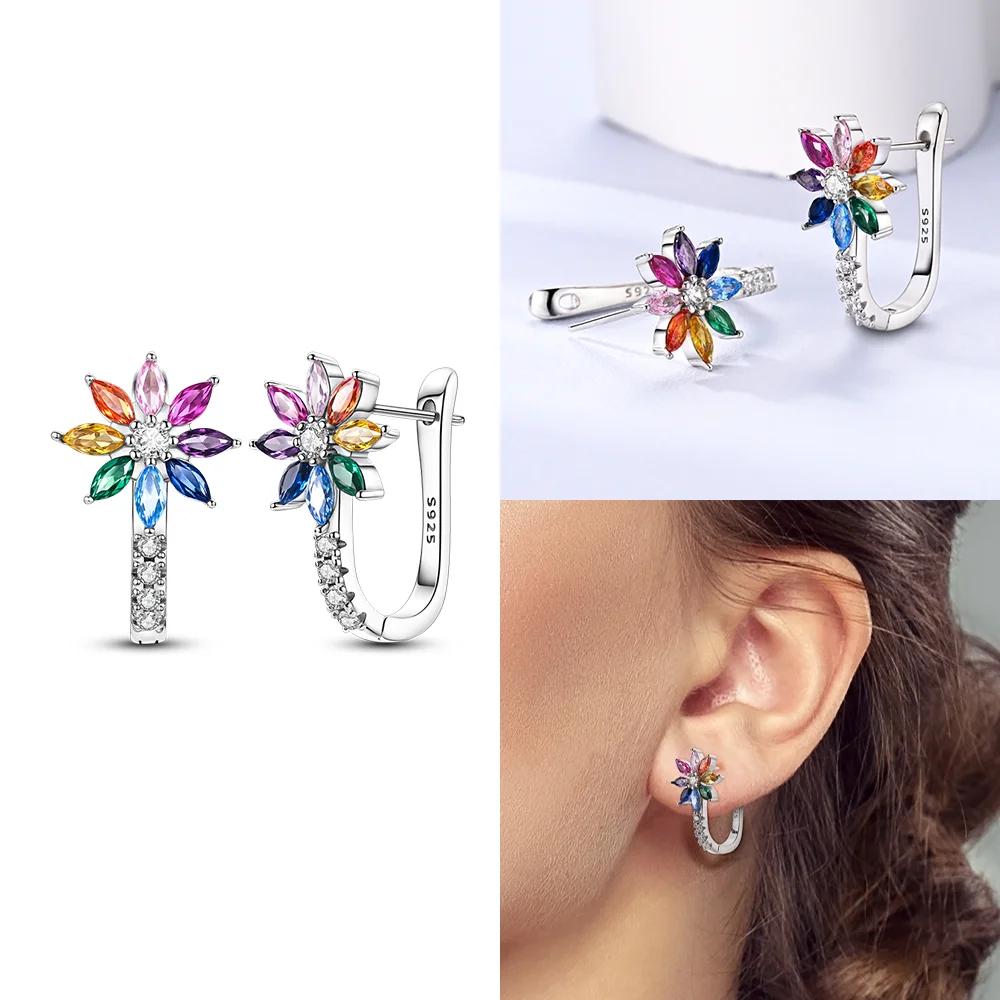 Charms 925 Silver Earrings Color Zircon Pink Bow Star Moon Shell Earrings Four-leaf Clover Woman's Accessory Jewelry