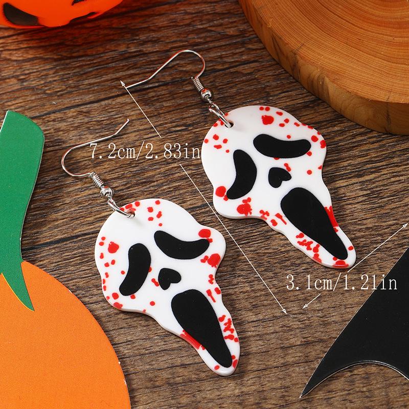 Exaggerated Skull & Black Cat Halloween Earrings - Double-Sided Acrylic, Dark Tree & Letter Design
