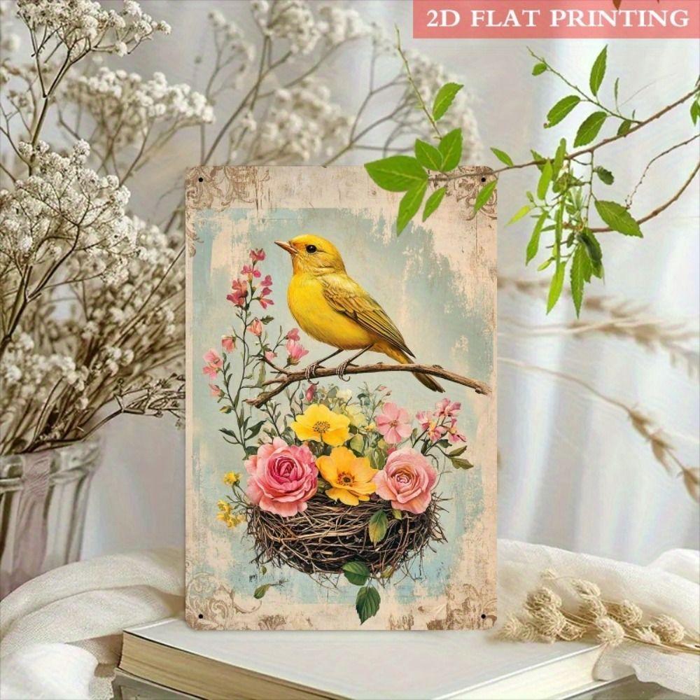 Vintage Metal Tin Sign Bird Feeding Chicks on Flowers Florist Decor For Living Room 20x30cm