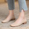 Women's Leather Hollow Out Low Heel Shoes Summer New Square Toe Shallow Slip On Cave Shoes Breathable Lightweight Commuter Shoe