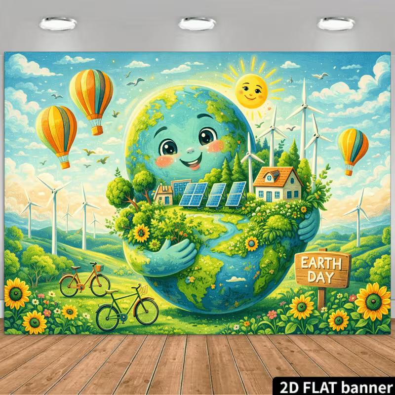 

2D Earth Day Party Backdrop, Green Energy & Hot Air Balloon Photography Banner 47.2x31.5inch/120*80cm