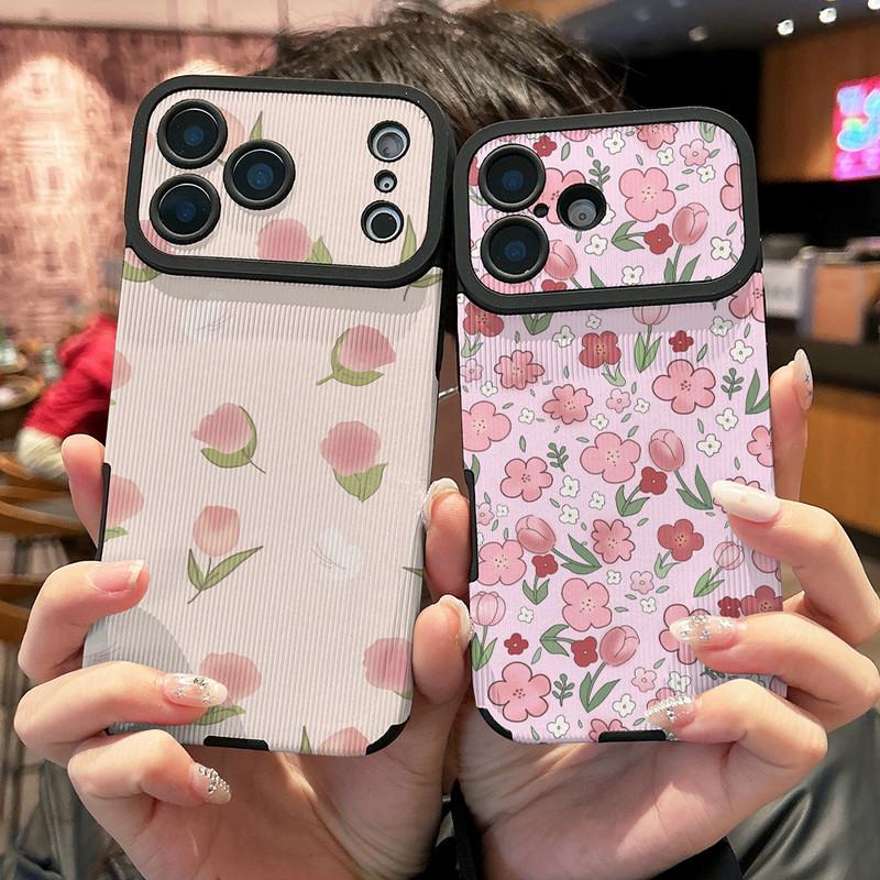 Pink Flowers Floral Printed Vertical Grain Leather Soft Silicone Phone Case Back Cover with Camera Lens Full Protection for iPhone 17