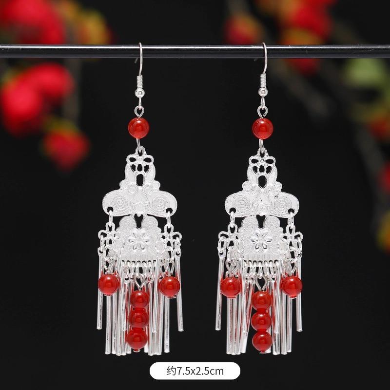 Miao Yin earrings original niche retro Dongling jade earrings long fringed earrings women