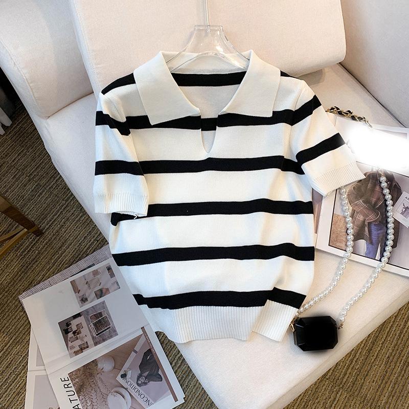 Striped Pattern Collared Sweater Versatile Short Sleeve Knitted Top for Spring Summer Women's Clothing Crop Top