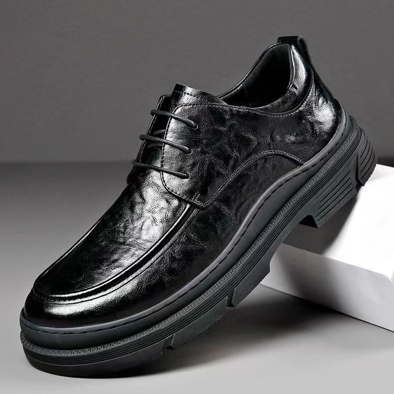 2025 summer new hollow men's shoes genuine leather British platform non-slip versatile breathable casual leather shoes men's height increase