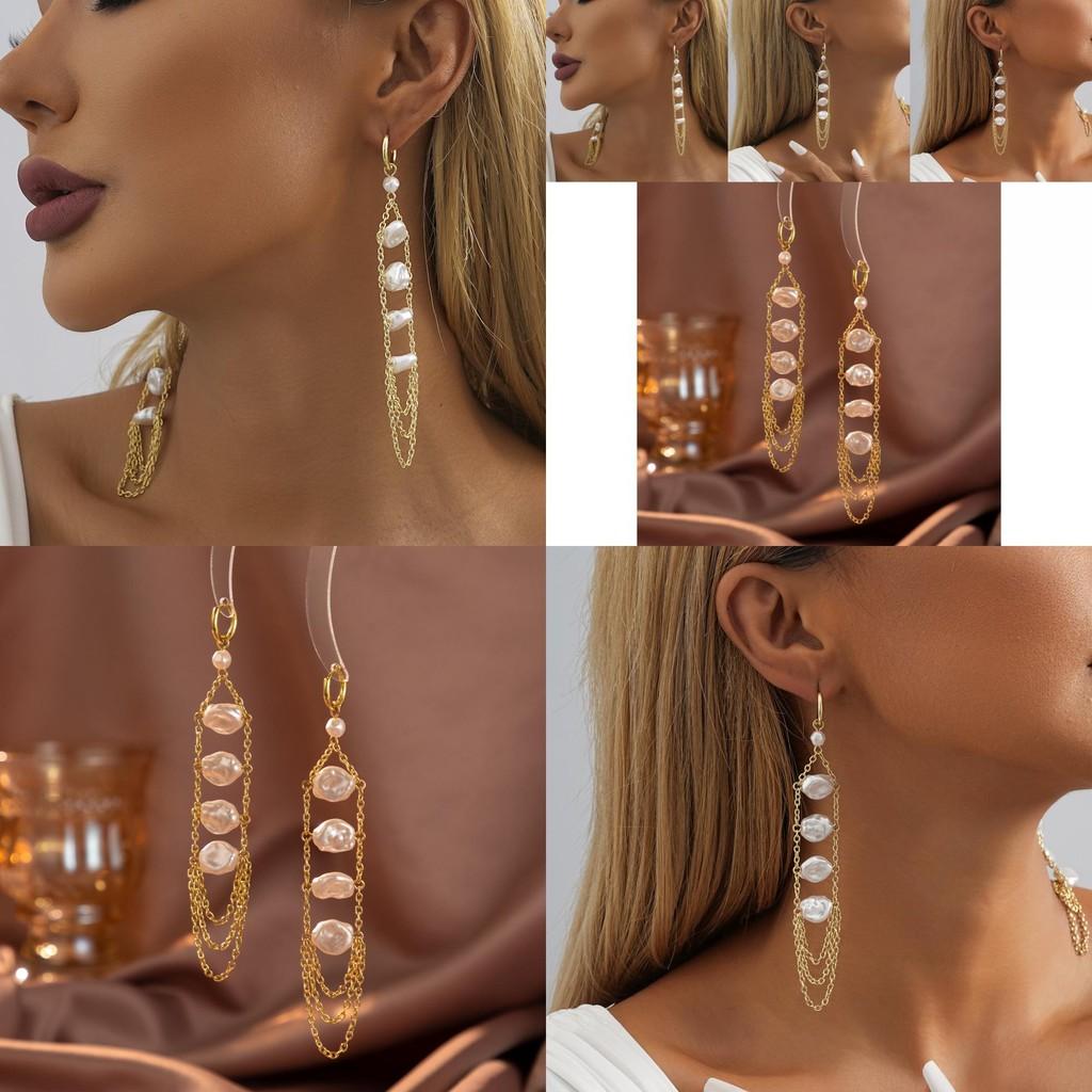 Sophisticated Faux Pearl Drop Earrings For Women Irregular Design With Chain Tassels
