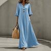 European and American Autumn Women's V-neck Seven-quarter-sleeved Holiday Cotton and Linen Blended Casual Long Dress