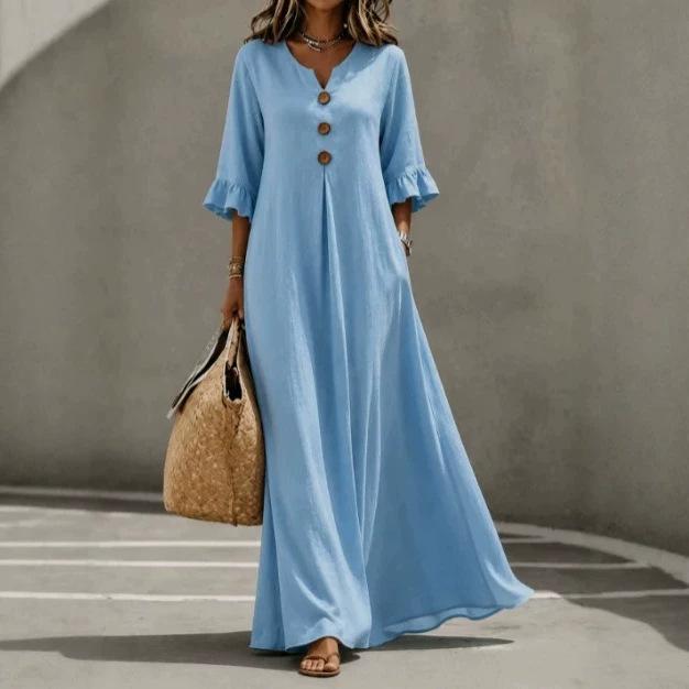 European and American Autumn Women's V-neck Seven-quarter-sleeved Holiday Cotton and Linen Blended Casual Long Dress