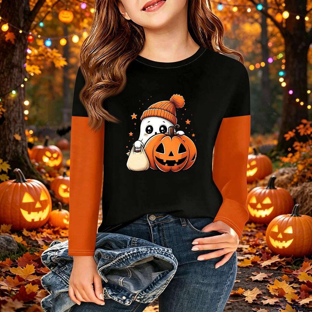 Kids Halloween Print Long Sleeve Neck T-Shirt Casual Top for Boys Girls