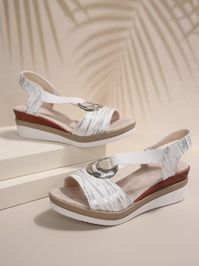 Summer New Slope Heel Sandals Foreign Trade Large Size Fish Mouth Sandals Metal Buckle Hemp Rope Bottom Spot Beach Sandals