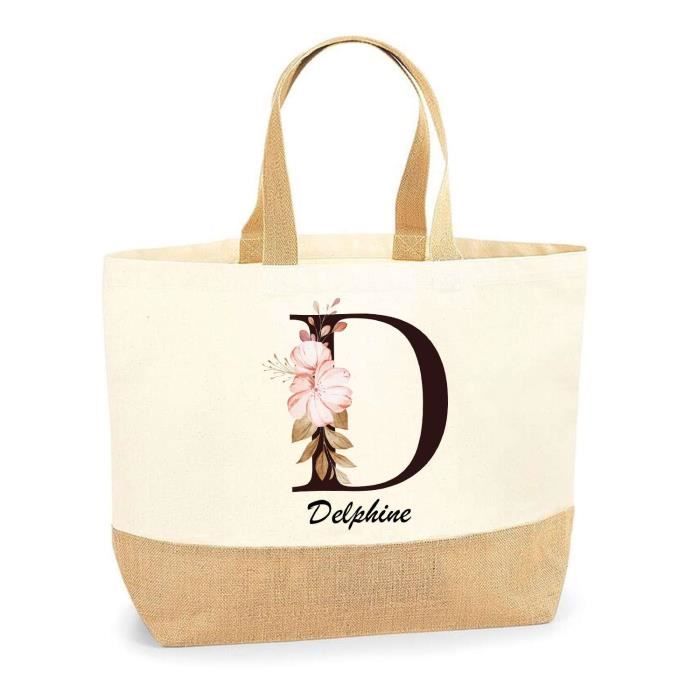 Cabas de plage - PLANETEE - Delphine - Jute naturel - Motif Lettre Fleur - Fabriqué en France