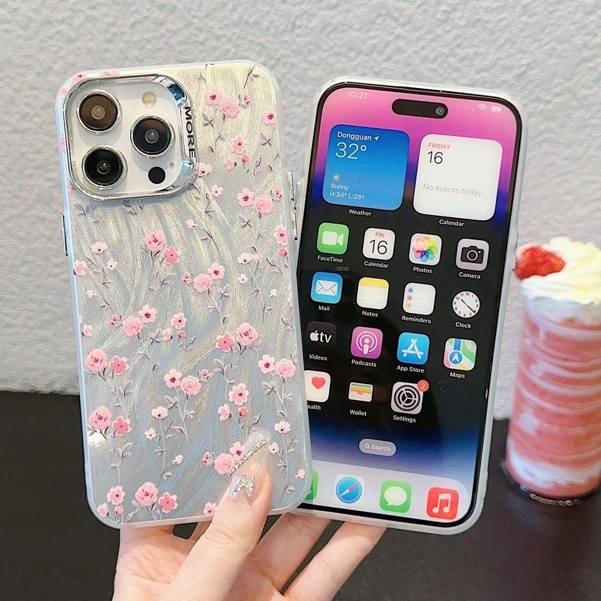 

Pink Floral Hard Shell Case for Apple 14Pro Max, 14Pro, 15, and 16 ProMax Mobile Phones iPhone 14 Plus