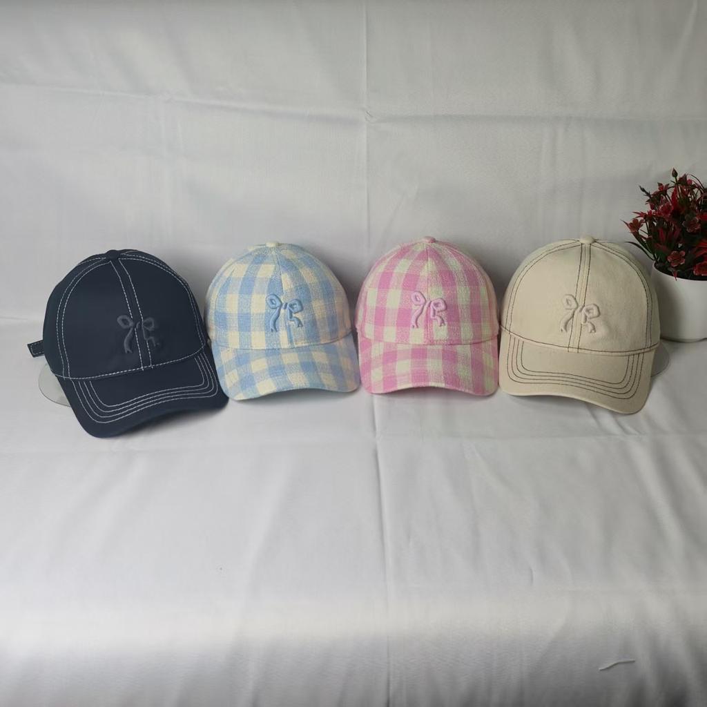 Plaid curved brim cap children's three-dimensional embroidery bow bright line design soft top big head sunshade baseball cap women