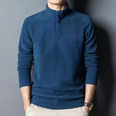 Men Sweatshirt Solid Color Long Sleeve Zipper Stand Collar Pullover Top Thick Polar Fleece Neck Protection Mid Length Men Top