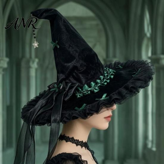 Spooky Festival Accessories Halloween Witch Hat for Women, Large Black Velvet Wizard with Party Favors Mesh Ruffle Brim Adults Costume, Cosplay