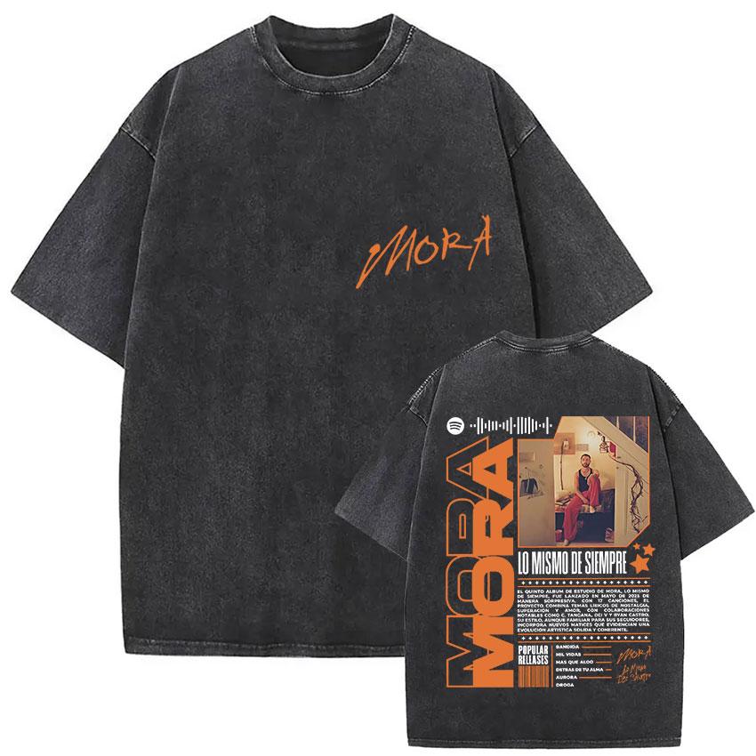 Vintage Washed Mora Lo Mismo De Siempre Album Letter Print TShirt Mens Women High Quality Fashion Oversized Cotton T Shirts