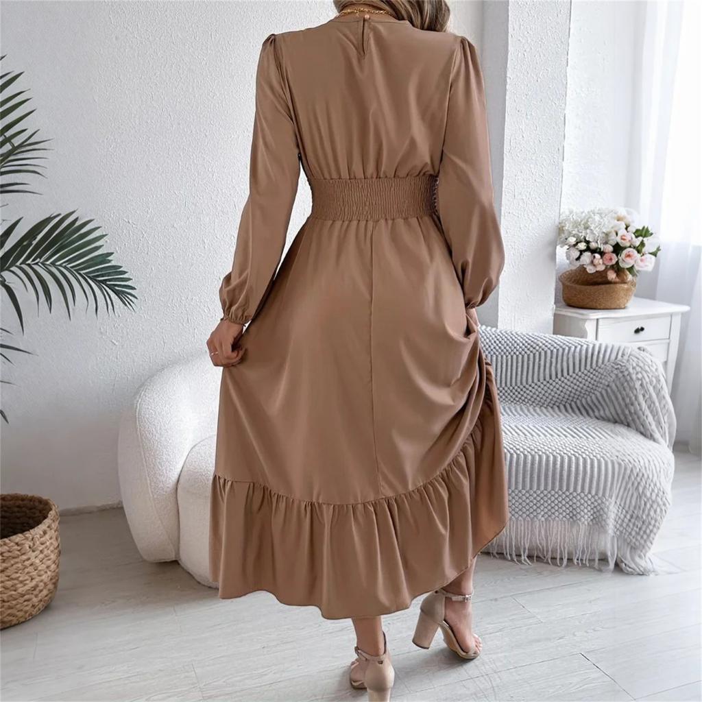 Damska Moda Retro Jednolity Kolor Długi Rękaw Talia Spódnica A-Line Okrągły Dekolt Sukienka Pulowerowa