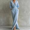 Elegant Solid V-neck Long Sleeve Slit Maxi Dress with Pockets