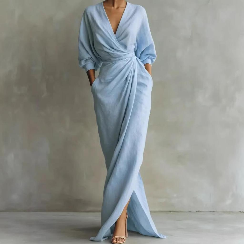 Elegant Solid V-neck Long Sleeve Slit Maxi Dress with Pockets