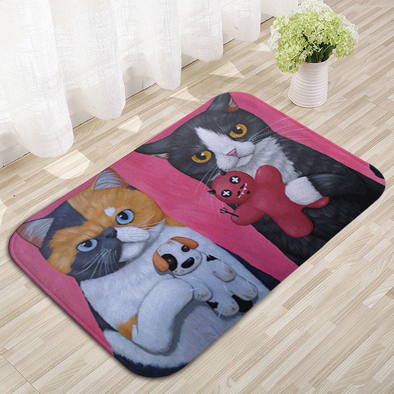 Funny Pizza Cat Door Mat Cute Cat Eating Pizza Print Non-Slip Entryway Rug Cartoon Cat Themed Floor Carpet for Front Door