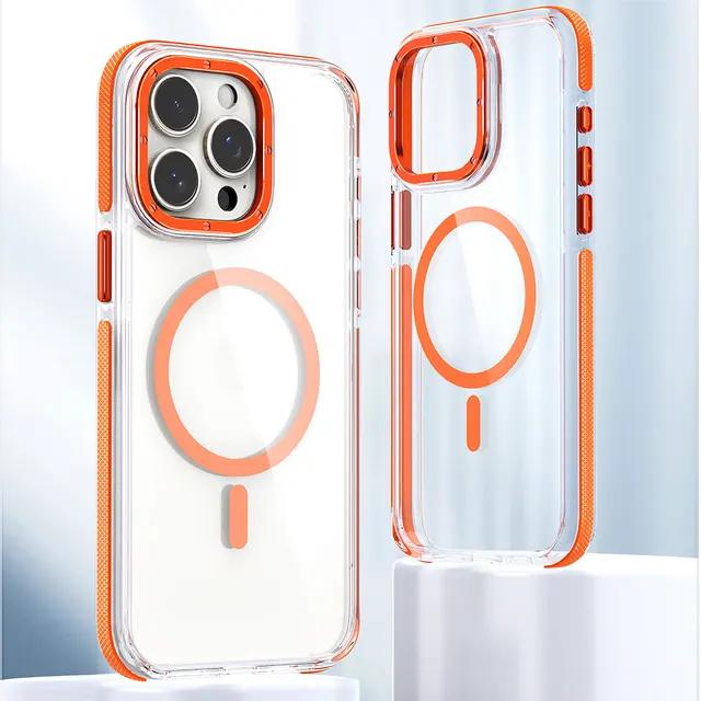Für iPhone 15 14 13 12 11 Plus Pro Max Hülle Farbiger Rand Magnetische Magsafe Kabellose Ladeabdeckung Transparente Hülle Sturzsicher Fundas