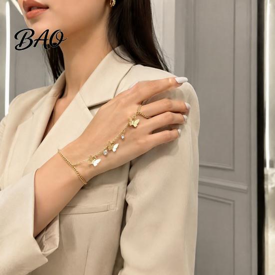 Adjustable Butterfly Bracelet Golden Hand Chain for Women, Metal Tassel Gold Tone Jewelry Women with Finger Ring, Harness Unique Ornament