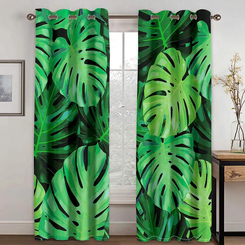 Custom European Elegant Green Leaves Curtains Luxury Curtains Tropical Leaves Pattern Window Curtains for Bedroom Living Room