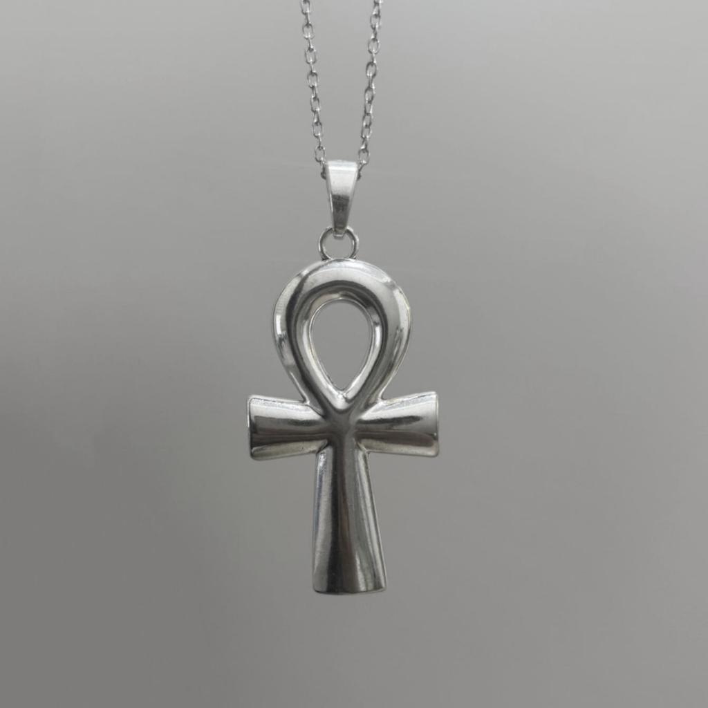 Retro Sliver Color Ancient Egyptian Symbol of Life Ankh Cross 80x42mm Large Pendant Necklace for Women Men Halloween Jewelry